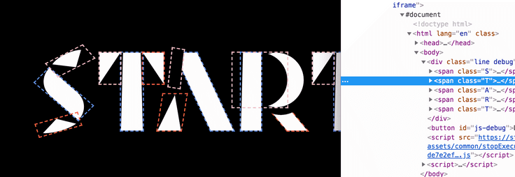 “START” CSS lettering, and inspecting one of the elements used to make it with the developer tools window